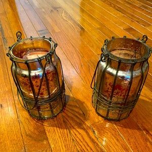 Glass and metal candle holders set of two